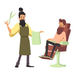 Cartoon characters of barber and client in barber shop a vector illustration