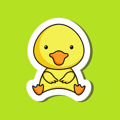 Cute cartoon sticker little duck logo template. Mascot animal character design of album, scrapbook, greeting card, invitation, flyer, sticker, card. Vector stock illustration.