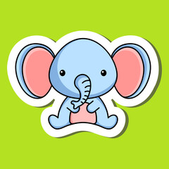 Cute cartoon sticker little elephant logo template. Mascot animal character design of album, scrapbook, greeting card, invitation, flyer, sticker, card. Vector stock illustration.