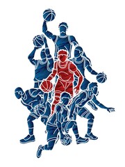 Group of Basketball players action cartoon graphic vector