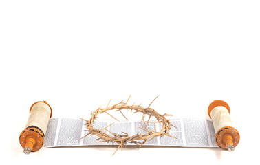 A Torah Scroll with the Crown of Throns Isolated on a White Background
