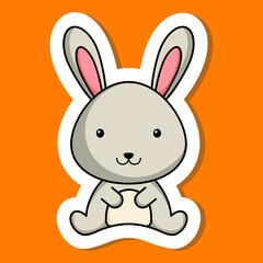 Cute cartoon sticker little hare logo template. Mascot animal character design of album, scrapbook, greeting card, invitation, flyer, sticker, card. Vector stock illustration.