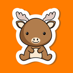 Cute cartoon sticker little moose logo template. Mascot animal character design of album, scrapbook, greeting card, invitation, flyer, sticker, card. Vector stock illustration.
