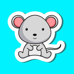Cute cartoon sticker little mouse logo template. Mascot animal character design of album, scrapbook, greeting card, invitation, flyer, sticker, card. Vector stock illustration.