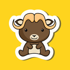 Fototapeta premium Cute cartoon sticker little musk ox logo template. Mascot animal character design of album, scrapbook, greeting card, invitation, flyer, sticker, card. Vector stock illustration.