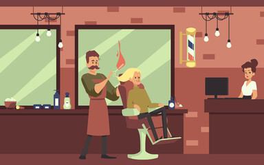 Interior of hair care salon with barber shop characters a vector illustration