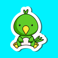 Cute cartoon sticker little parrot logo template. Mascot animal character design of album, scrapbook, greeting card, invitation, flyer, sticker, card. Vector stock illustration.