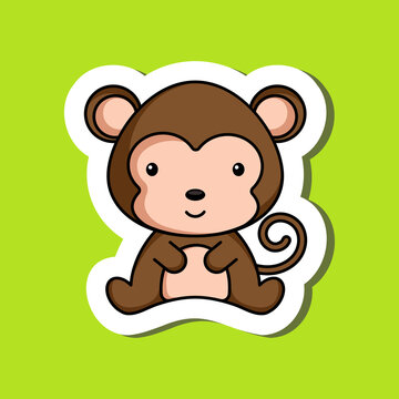 Cute cartoon sticker little monkey logo template. Mascot animal character design of album, scrapbook, greeting card, invitation, flyer, sticker, card. Vector stock illustration.