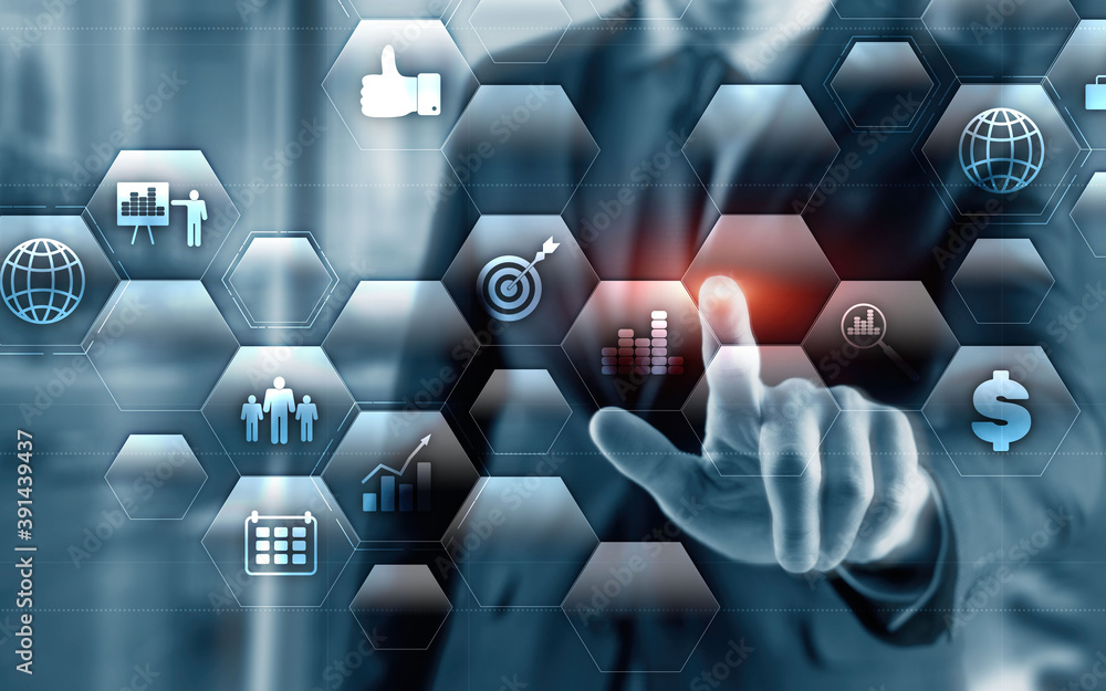 Poster data management system and business analytics concept on double exposure background.