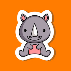 Cute cartoon sticker little rhino  logo template. Mascot animal character design of album, scrapbook, greeting card, invitation, flyer, sticker, card. Vector stock illustration.