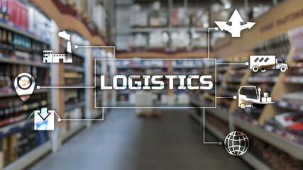 Logistics Transportation concept on blurred supermarket background.