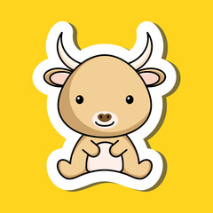 Cute cartoon sticker little yak logo template. Mascot animal character design of album, scrapbook, greeting card, invitation, flyer, sticker, card. Vector stock illustration.
