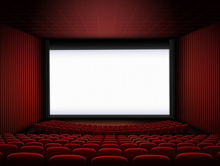 cinema hall with big screen and red seats 3d illustration