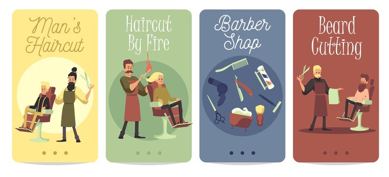 Set of characters of barbers and clients in barbershop a vector illustrations