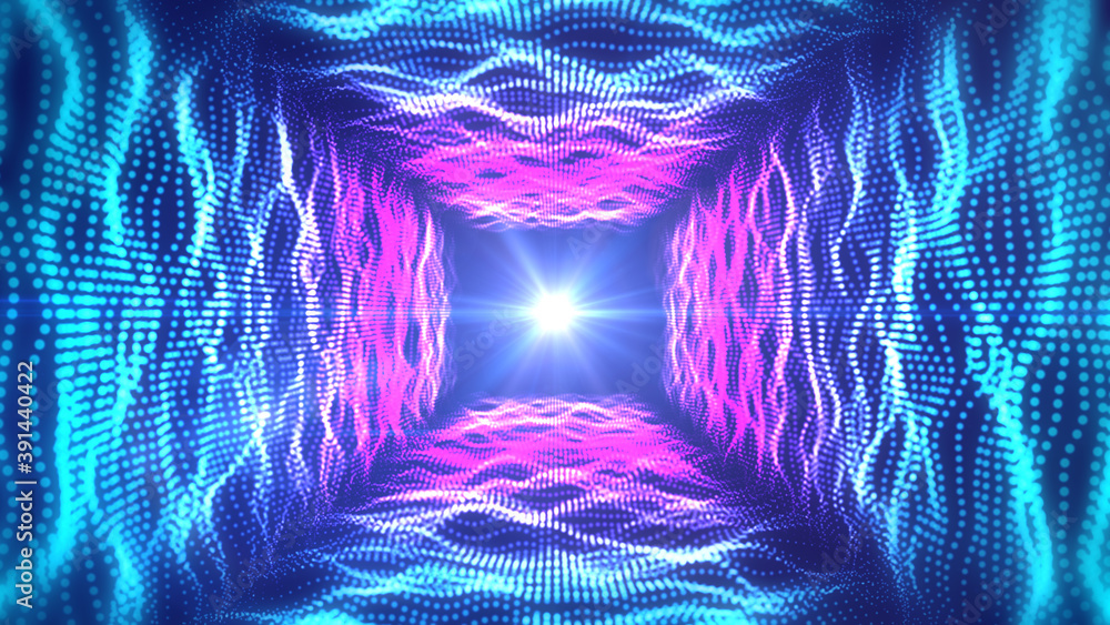 Poster abstract sweet red and blue light fractal 3d wave lines and dots of square tunnel with optical lens 