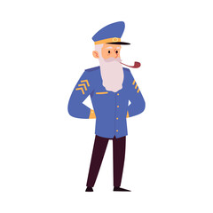 Old bearded captain in uniform smokes a pipe, flat vector illustration isolated.