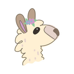 Vector color children's illustration, poster, print with a cute llama on a white background. Alpaca. Cute baby animals. Llama head with flowers