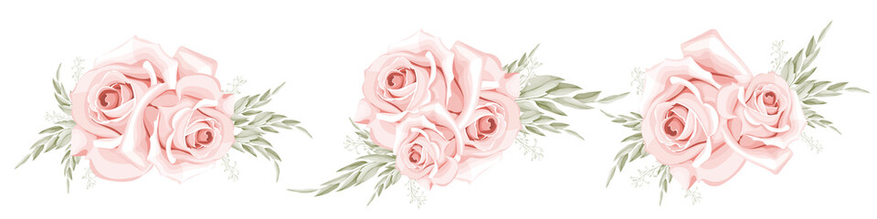  Beautiful rose bouquet watercolor set design element isolated on white background.