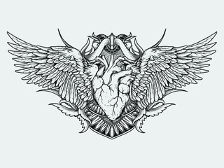 tattoo and t-shirt design black and white hand drawn heart and wing engraving ornament premium vector