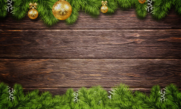 bolas de navidad y ramas de abeto en mesa de madera.