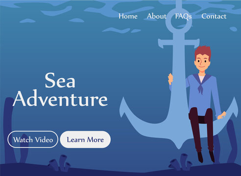 Concept of sea adventures, travel or working sailor on ship a vector design for web