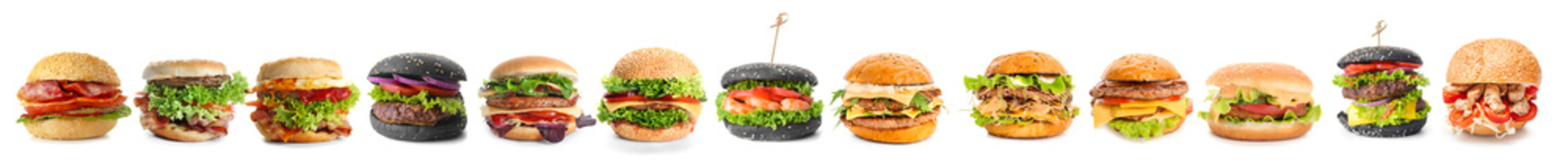 Collage of different tasty burgers on white background