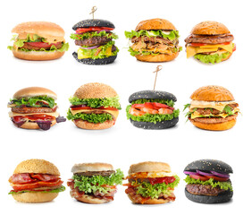 Collage of different tasty burgers on white background