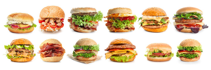 Collage of different tasty burgers on white background