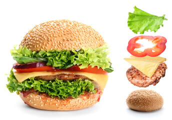 Tasty burger with ingredients on white background