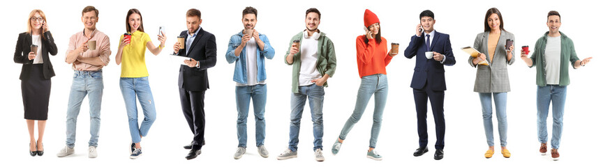 Different people with cups of coffee on white background