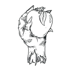 tattoo and t-shirt design black and white hand drawn zombie hand with aple premium vector
