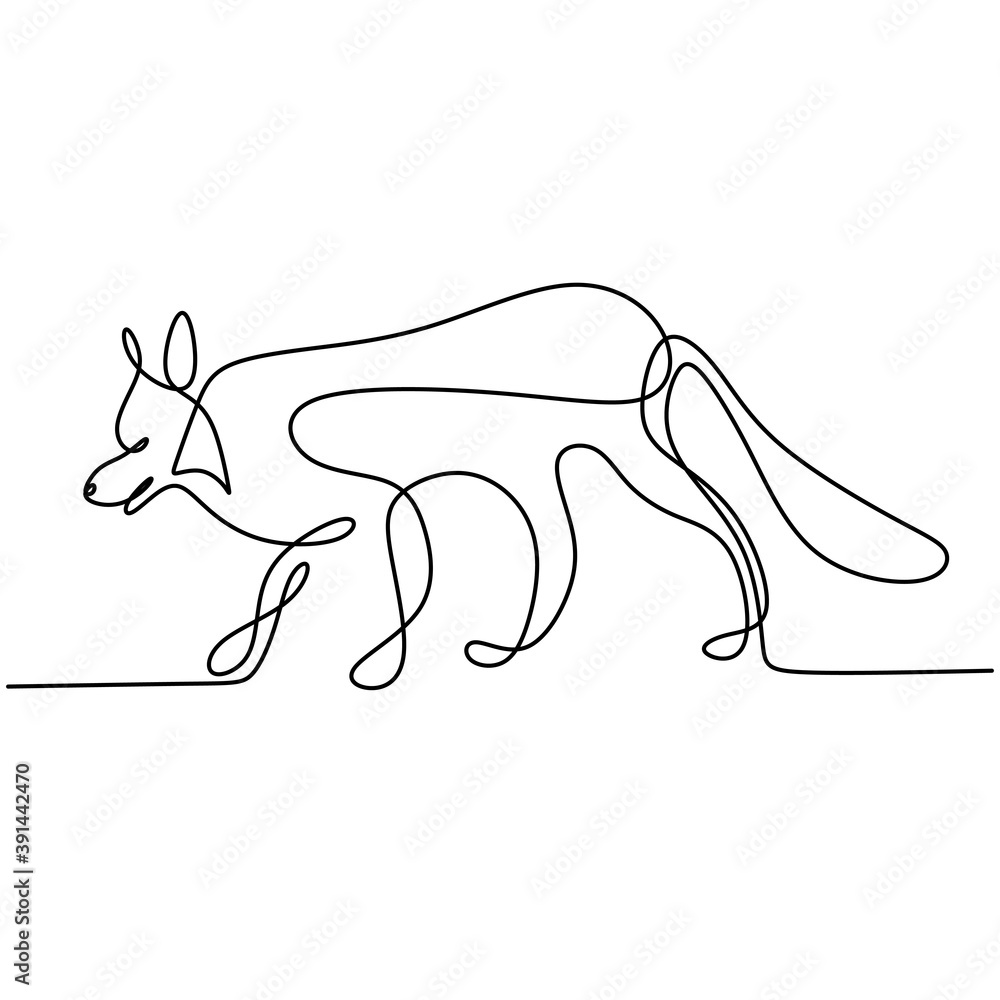 Poster continuous line drawing of mysterious wolf. strong fox dog is standing with fury expression. danger 