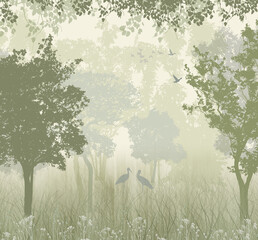 Wallpaper. Green forest with birds. 
Green background
