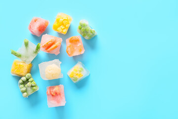 Different frozen vegetables on color background
