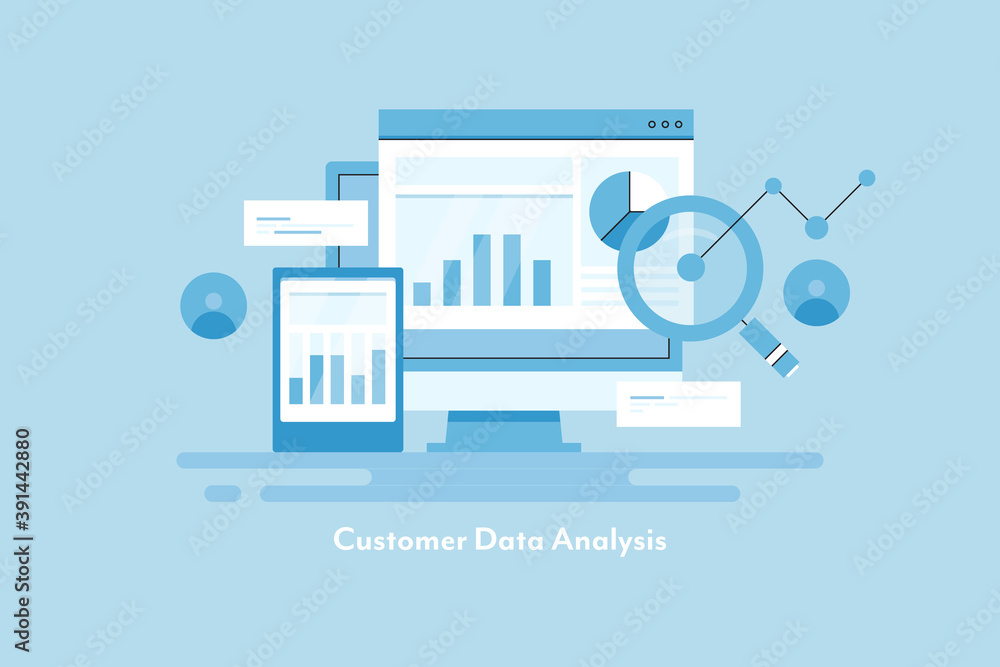 Aufkleber data analysis on multiple device, big data visualization, mobile screen with business report, websit