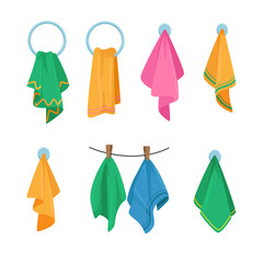 Set of Icons Towels Hanging on Hook, Ring and Rope. Colorful Stylish Bath and Kitchen Fabric, Folded Fluffy Textile