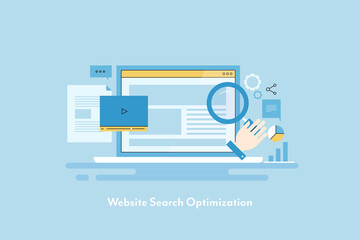 SEO-search engine optimization with digital marketing assets, hand with magnifying glass, flat design web banner.