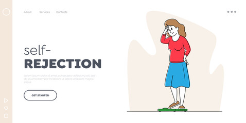 Body Rejection, Dissatisfaction Landing Page Template. Female Character with Low Self-esteem Looking at Scales