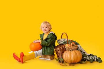 Fototapeta premium Cute little boy with autumn harvest on color background