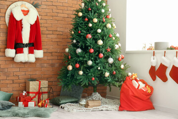 Fototapeta premium Interior of modern room with Christmas tree and Santa bag