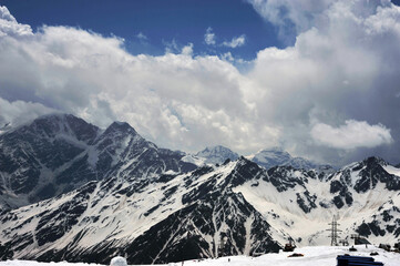 Fototapeta premium View of the Cheget and Nakra peaks from the Elbrus slope.