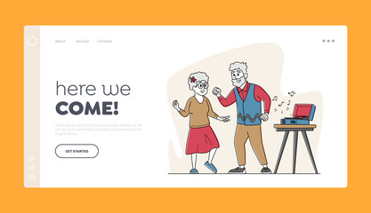 Senior Couple Dancing Landing Page Template. Elderly Characters Active Lifestyle, Old Man and Woman in Loving Relation