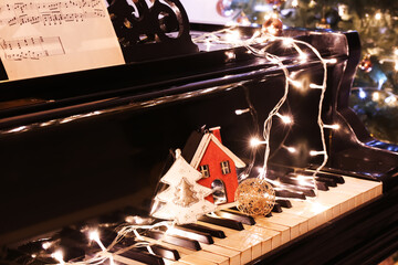 Grand piano with Christmas decor, closeup