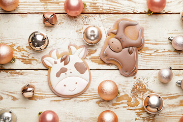 Fototapeta na wymiar Tasty cookies in shape of bull and Christmas decor on wooden background