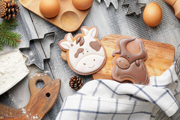 Tasty Christmas cookies in shape of bull and ingredients on table