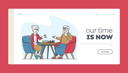 Senior Man and Woman Playing Chess Landing Page Template. Elderly Characters, Pensioners Spend Time at Intellectual Game
