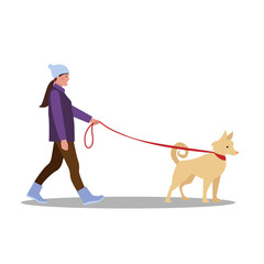 Woman walking a dog. Cute vector illustration in flat style.