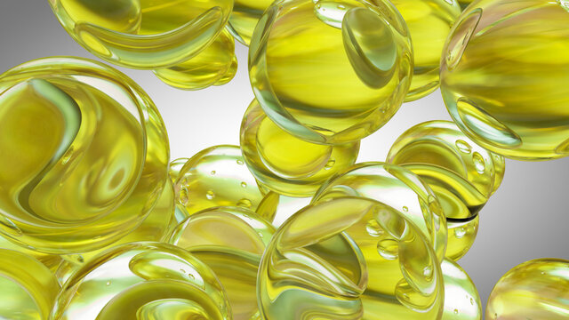 Cod liver oil omega 3 gel capsules isolated on white background. 3D illustration