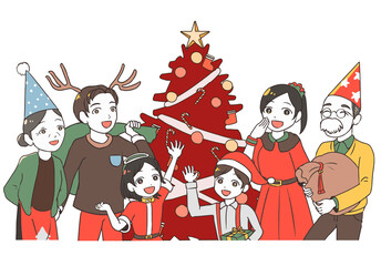 Obraz na płótnie Canvas クリスマスを楽しむ6人家族　赤のモミの木