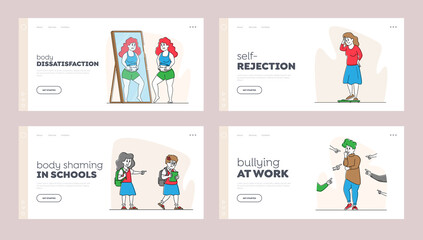 Body Shaming Landing Page Template Set. Schoolgirl Laughing and Pointing at Obese Girl. Women Characters Bodyshaming